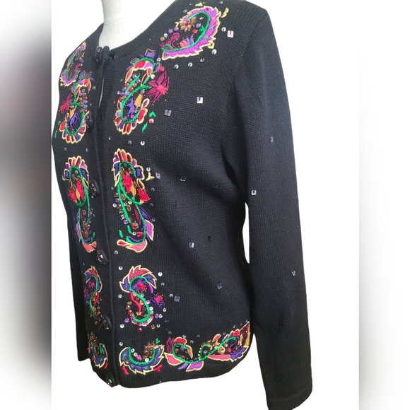 Vintage Jack B. Quick Sweatee Cardigan Mardi Gras Beaded Sequined Large XLarge - Picture 2 of 11